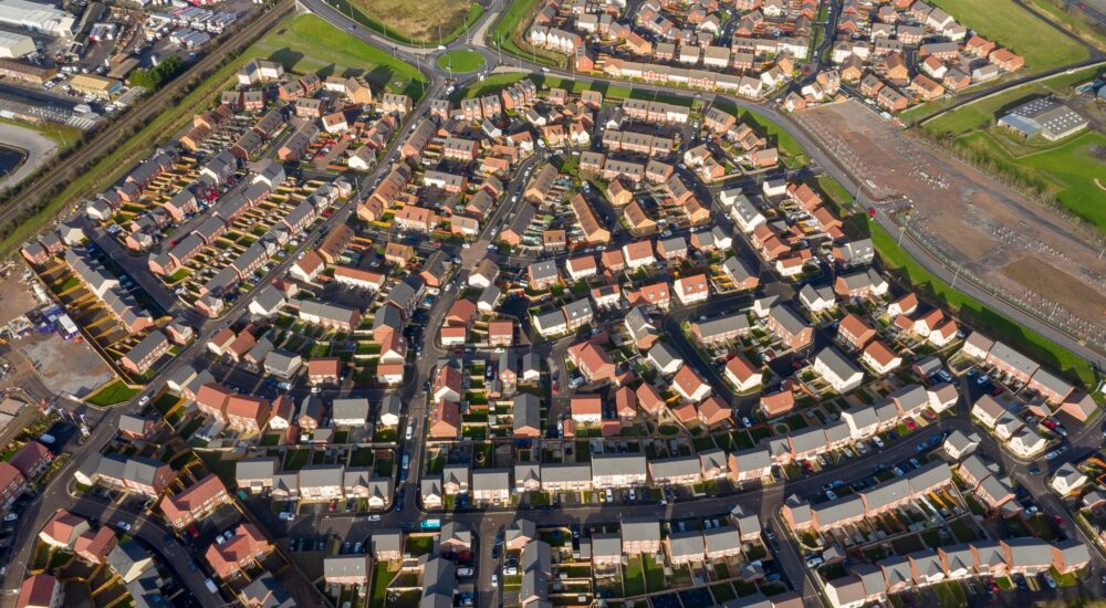 An aerial view of new houses in Bridgwater, Somerset, UK